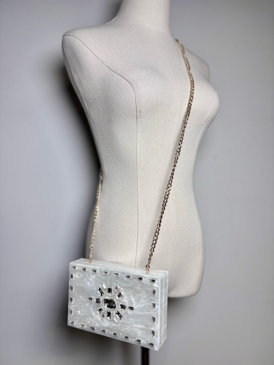Asha Pearlescent Hardshell Crystal Embel  Pre-owned, NWT White Small Purse