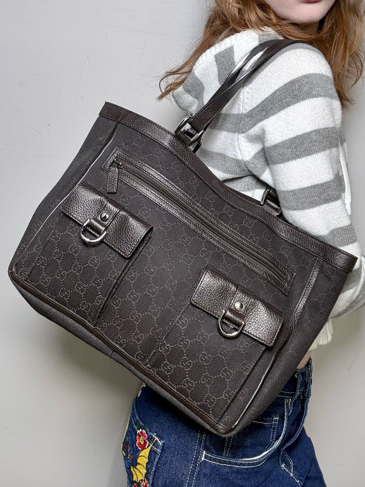 Women's Gucci GG Pocket Monogram Vintage Nylon, Leather Pre-owned Tote
