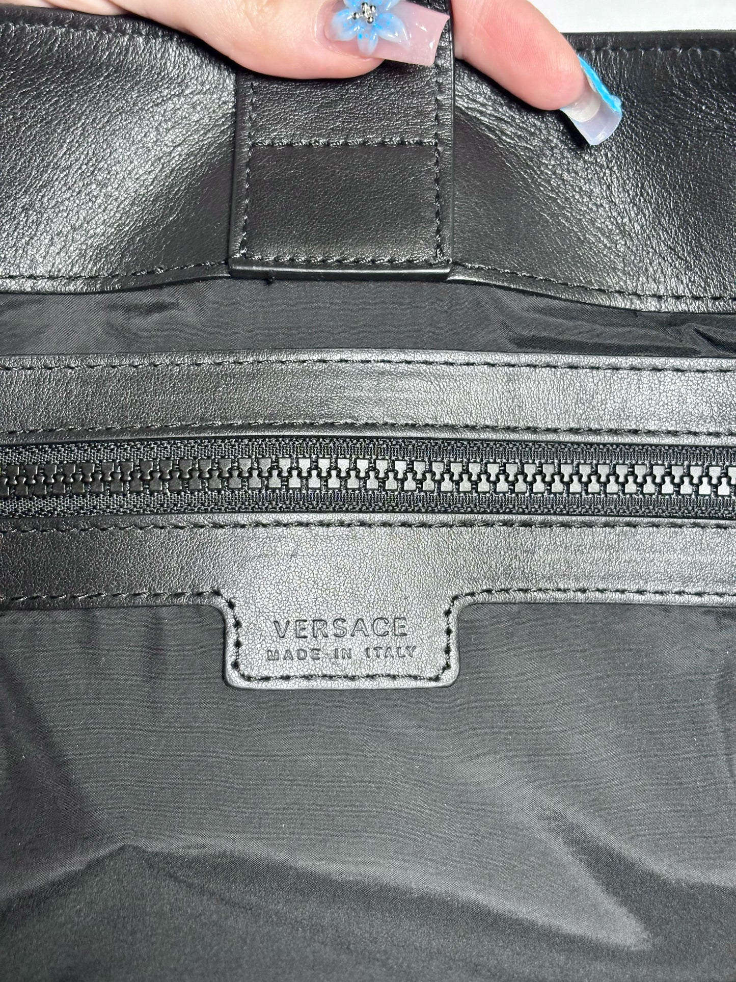 Versace Jacquard, Monogram Nylon Pre-owned Black Leather + Pouch Crossbody Tote