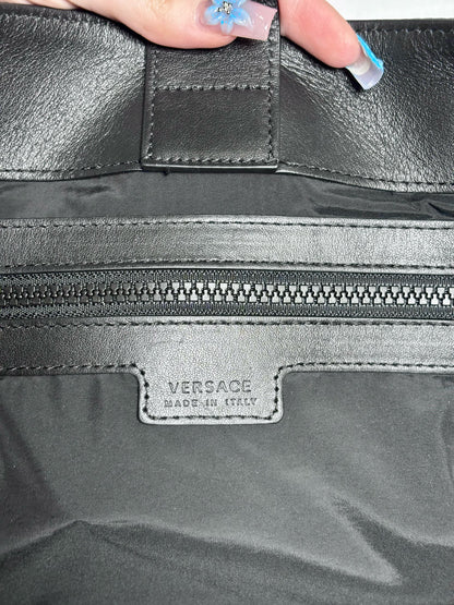 Versace Jacquard, Monogram Nylon Pre-owned Black Leather + Pouch Crossbody Tote