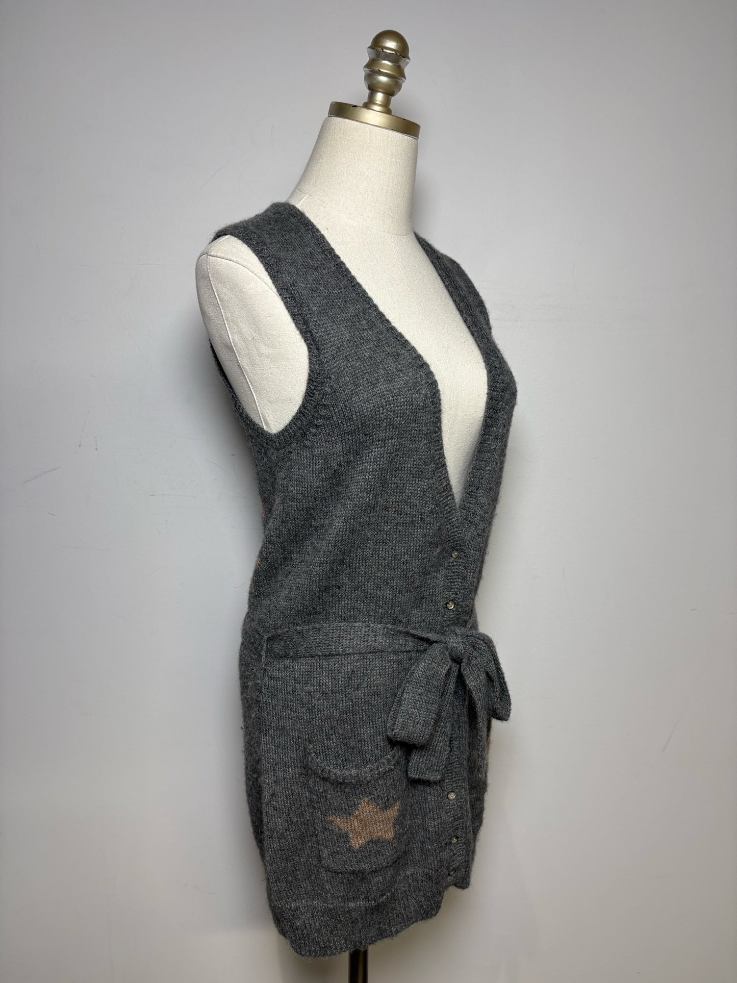 Women Size M Rhys Dwfen Gray Bird Baby Alpaca Vintage Pre-Owned Long Cardigan Sweater