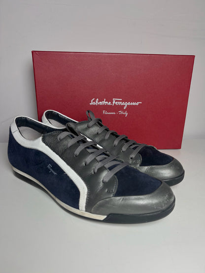 Salvatore Ferragamo Blue, Gray, White Cowhide Leather, Suede Leather Sneakers