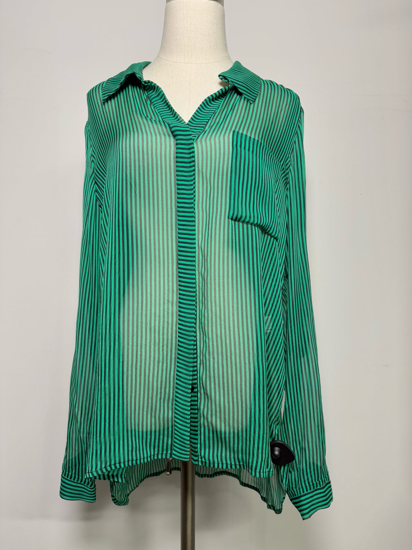 Women Size 14 Diane Von Furstenberg Green, Black Striped Silk Blouse