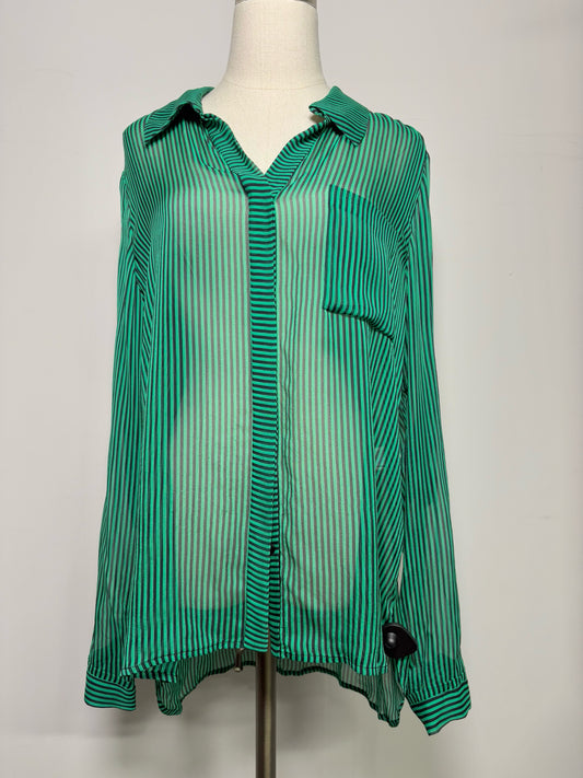 Women Size 14 Diane Von Furstenberg Green, Black Striped Silk Blouse