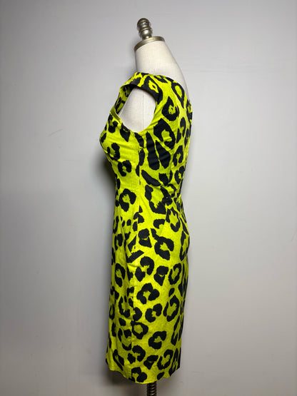 Women Size 2 (S) Samantha Sung Neon Green, Black Leopard Spots 100% Cotton Dress