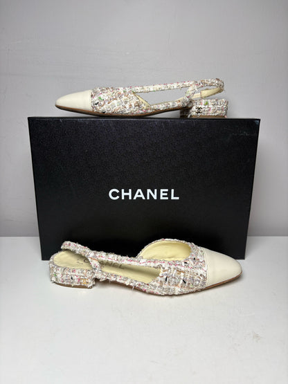 Women's Shoe Size 37.5 Chanel Cream Multicolor Tweed Lambskin Leather Pre-Owned Slingback Shoes