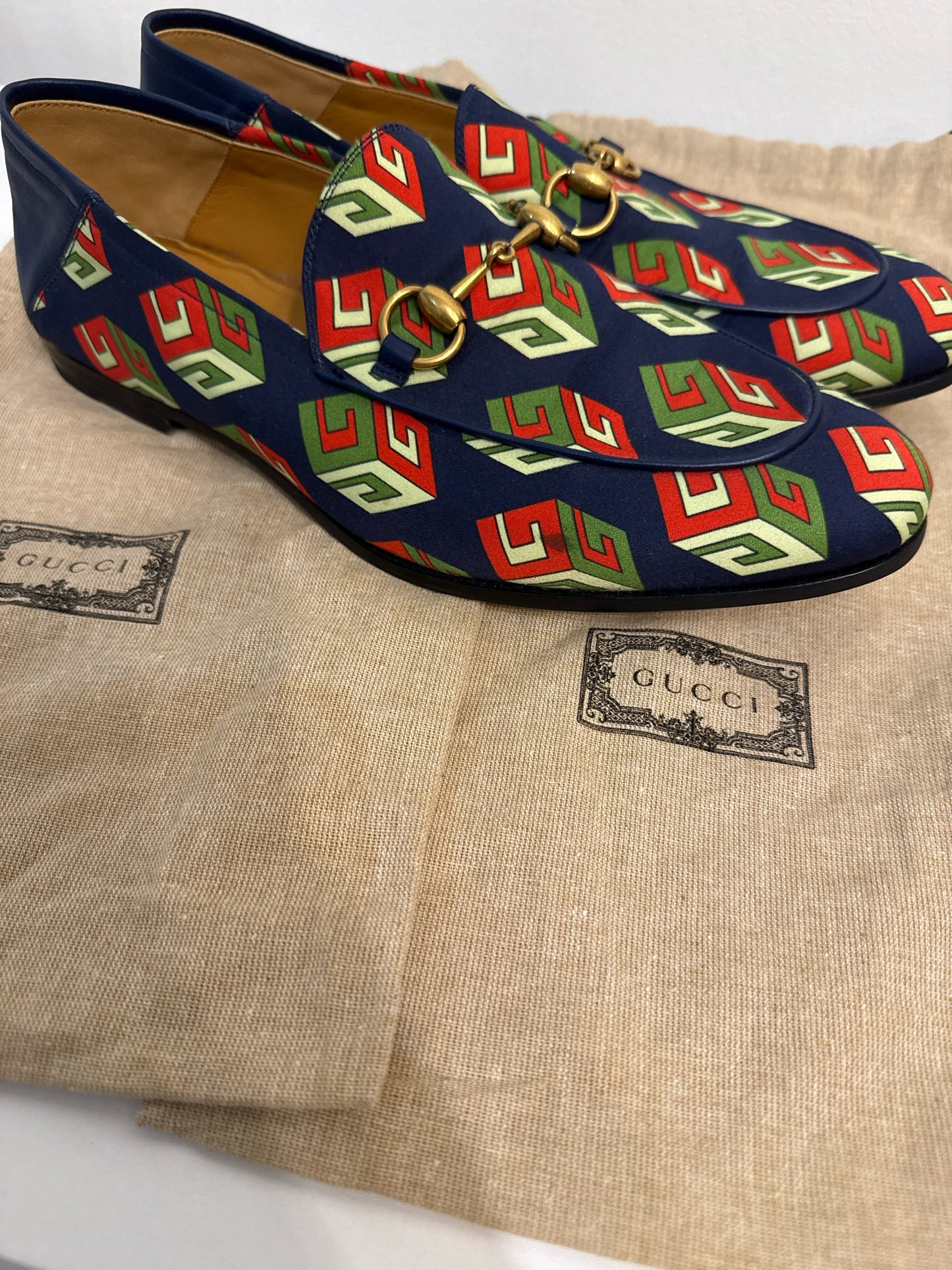 Gucci Brixton GG Blue Satin Print Shoe Sz 8 Men's Loafers NWT Pre-owned