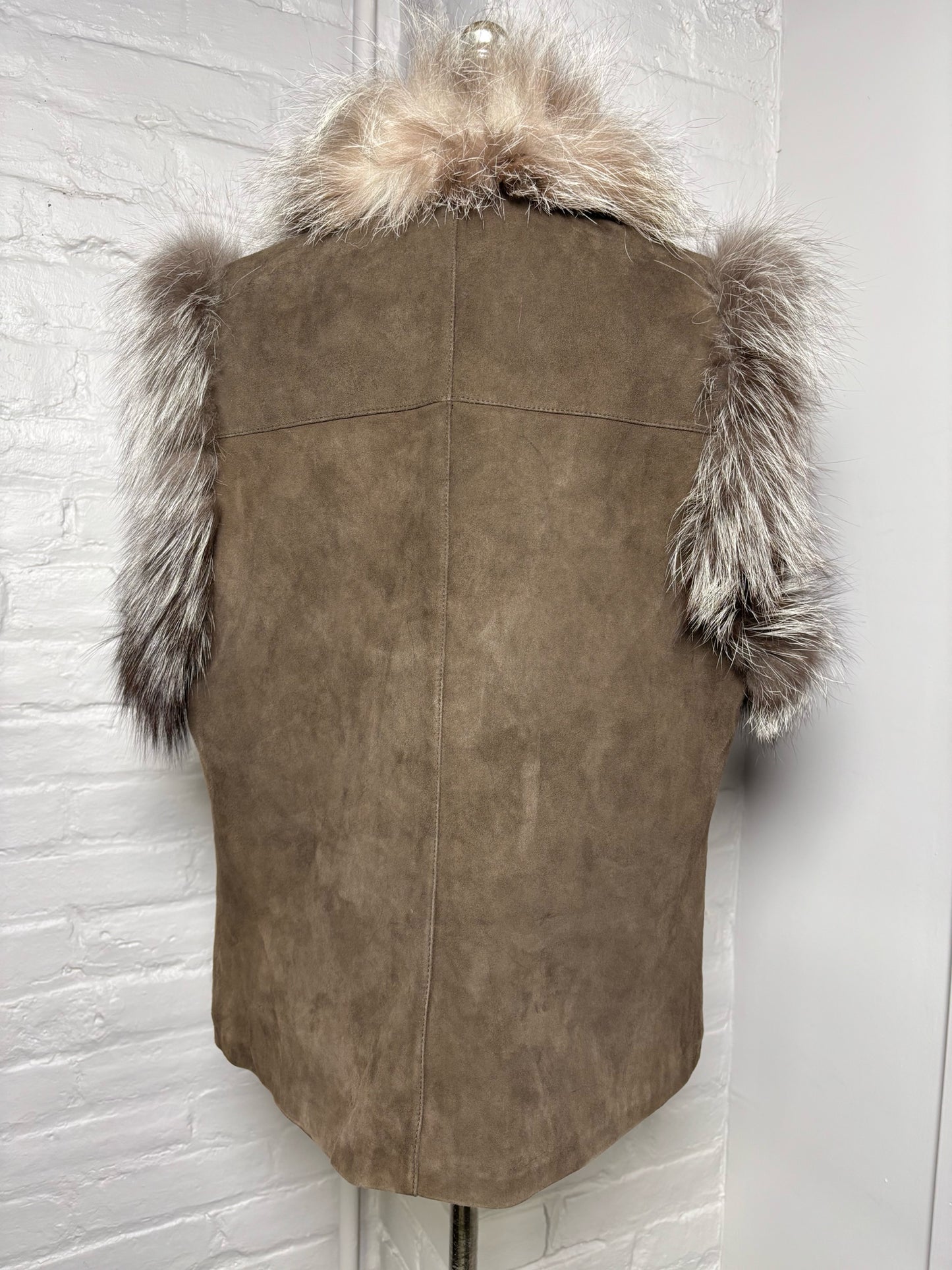 Women Size L Tyler Boe Brown Suede Solid, Fur Trim Vest