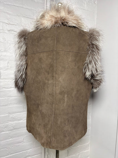 Women Size L Tyler Boe Brown Suede Solid, Fur Trim Vest