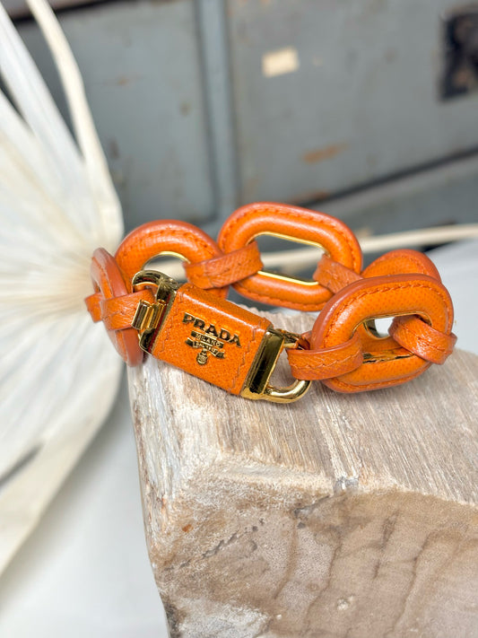 Prada Leather Chain Links Orange Bracelet