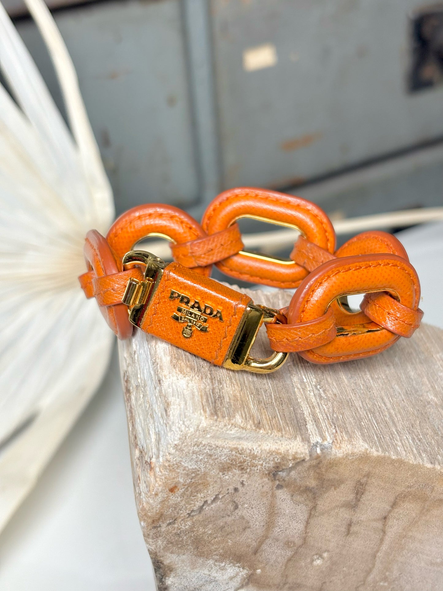 Pre-Owned Prada Leather Chain Links Orange Bracelet