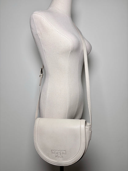 Tory Burch Solid Leather Cream Serif T Crossbody Saddlebag Purse