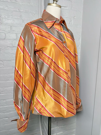 Women Size 10 Pamella Roland Orange, Brown, Red Striped Silk Shirt
