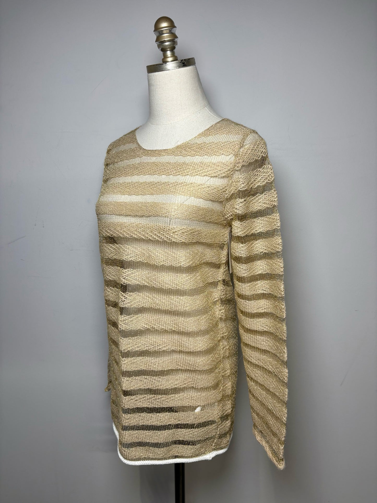 Women Size S Comme des Garcon Metallic Beige Woven Stripes Wool Blend Top