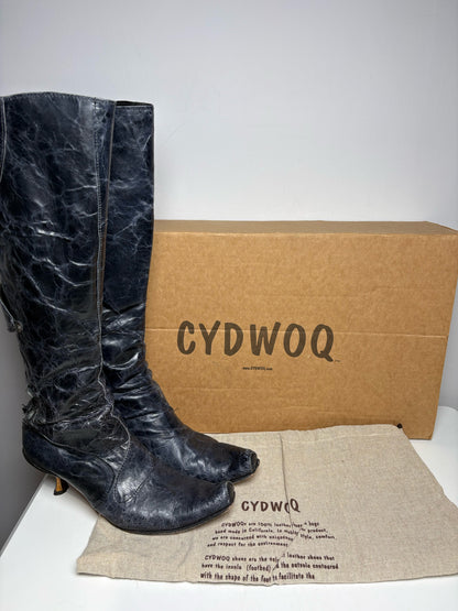 Navy blue textured Cydwoq kitten heels with box and dust bag