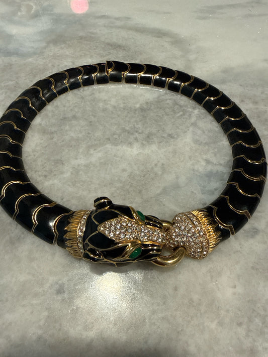 Ciner 18K Gold, Swarovski Crystals Vintage Enamel Panther Choker Necklace