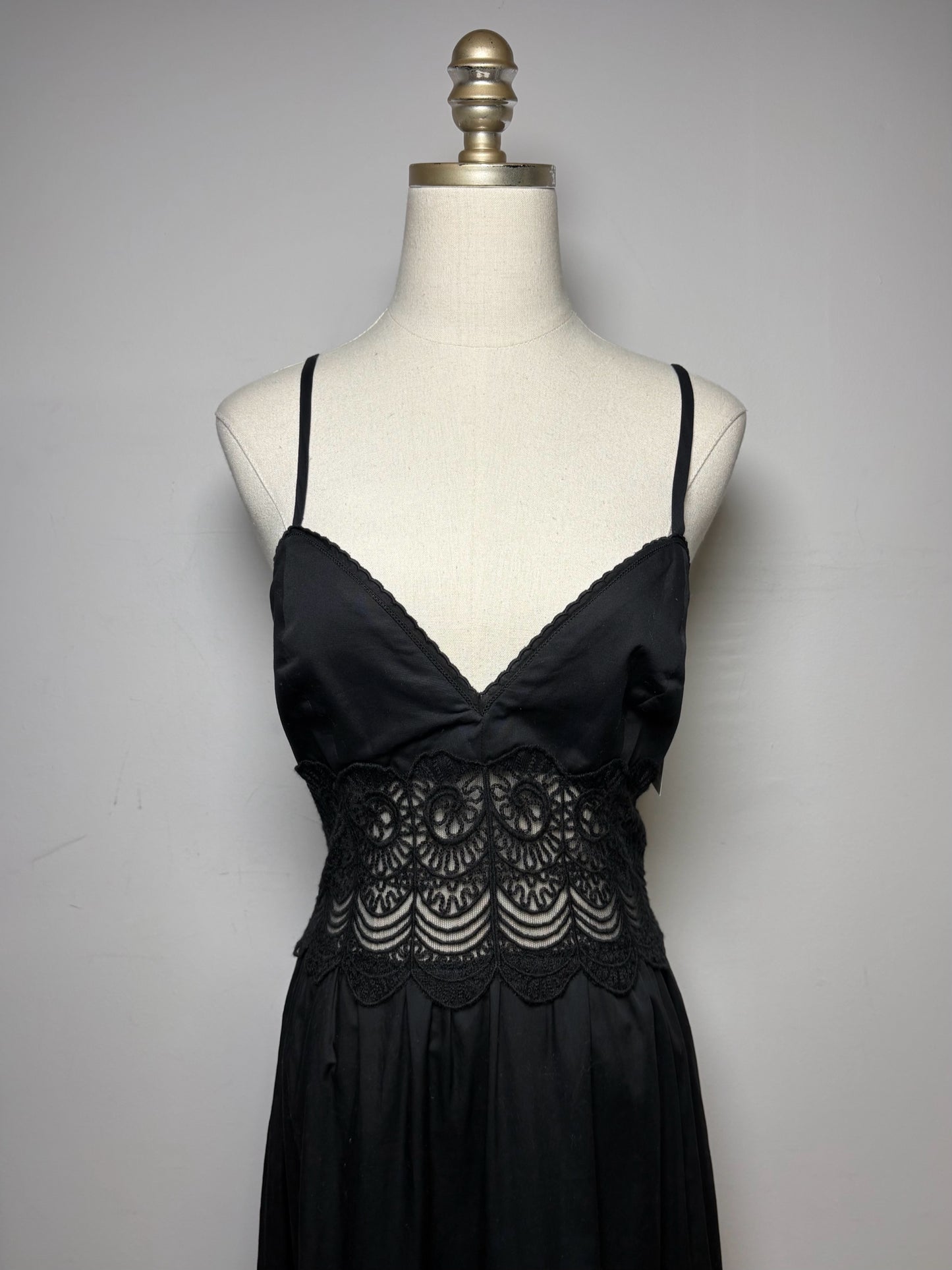 Women Size L Loretta Caponi Firenze Black Pure Cotton with Lace Pre-Owned Midi Dress