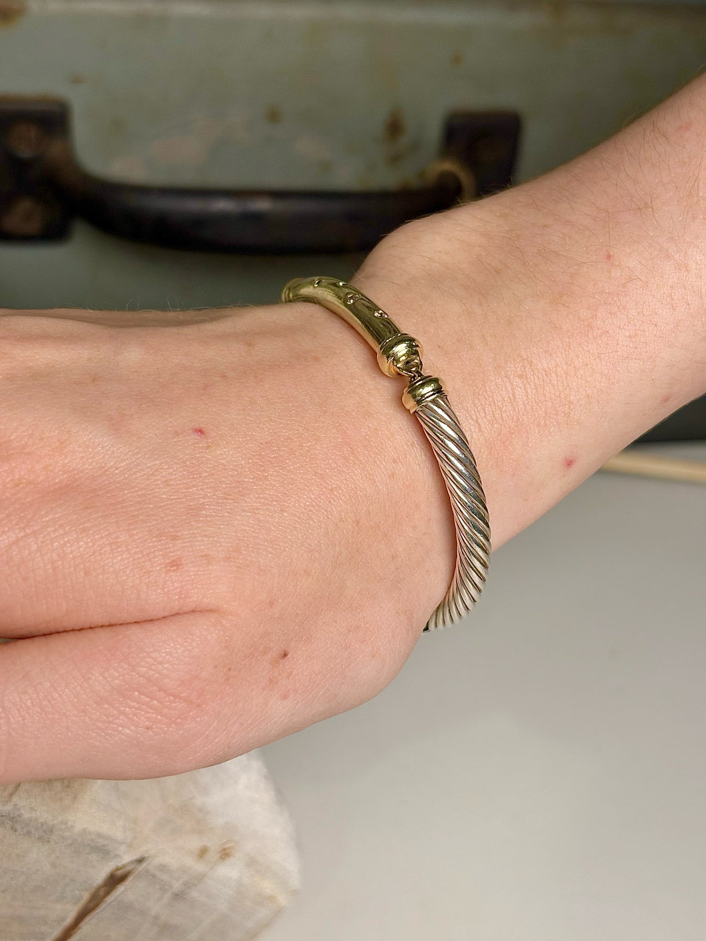 David Yurman Cable Twist, Diamond Bar 14K Gold Bracelet