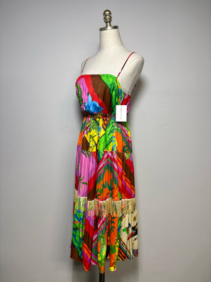 Women Size S Farm Rio Palila Tropical Pre-Owned Fringed Midi Dress