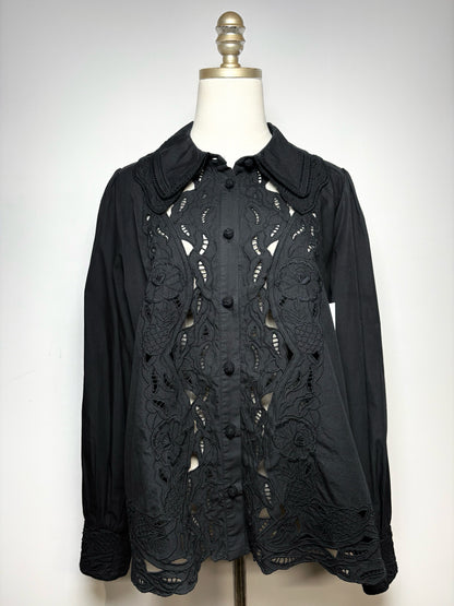 Women's Size M Farm Rio Black Eyelet Cotton Pre-Owned Puff Sleeve Blouse