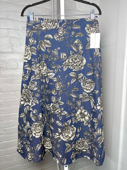 Women Size M Oscar de la Renta Blue Rose Print Pre-owned Midi Denim Skirt