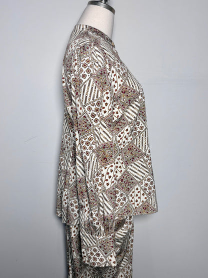 Women Size 8 Veronica Beard Cream Abstract Art Silk, 2-Piece Set