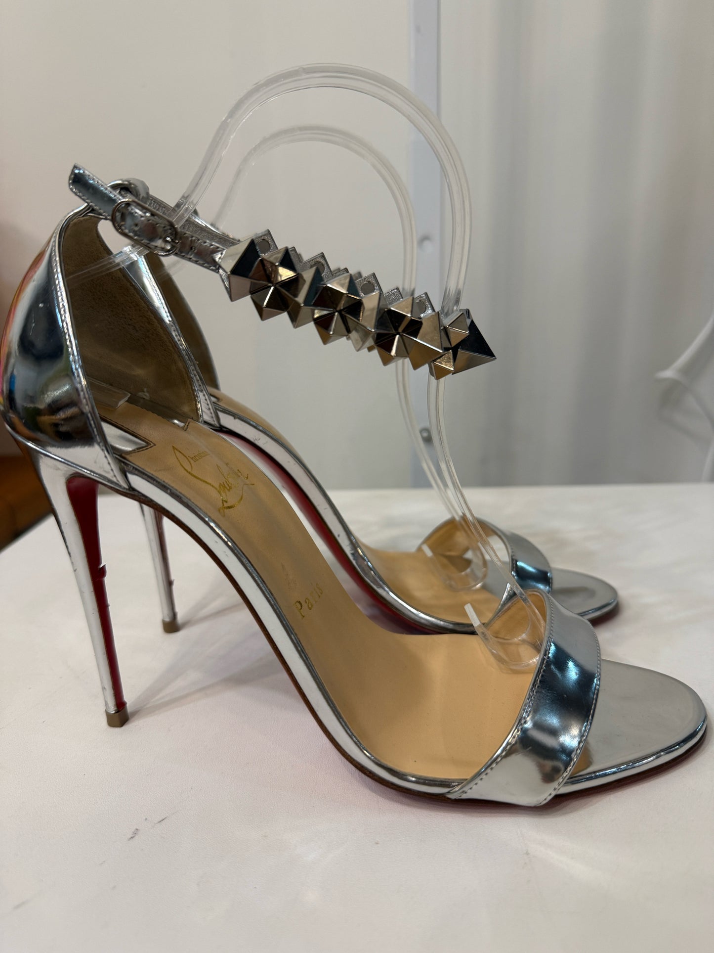 Christian Louboutin Silver Spike Open-Toe Ankle Strap | Pre-owned
