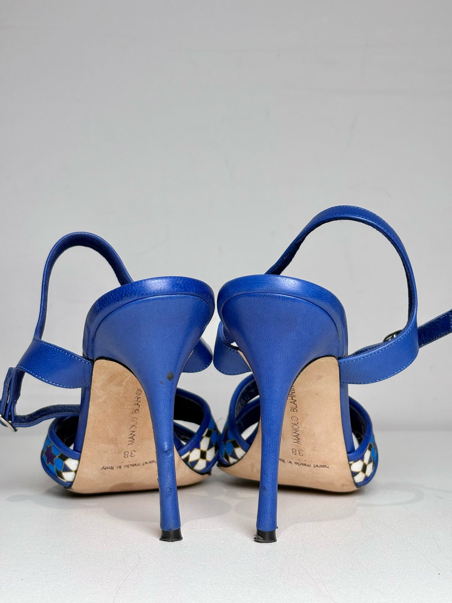 W Shoe Size 38 (8 US) Manolo Blahnik Talitha Blue Leather, Canvas Women's Heels