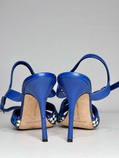 W Shoe Size 38 (8 US) Manolo Blahnik Talitha Blue Leather, Canvas Women's Heels