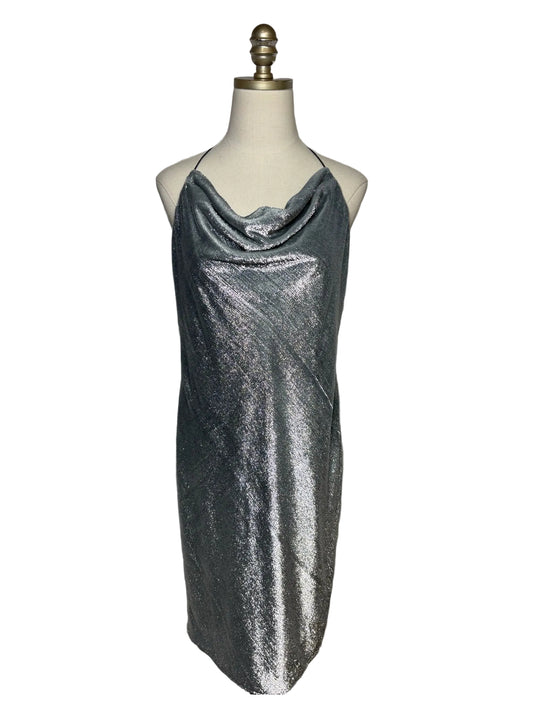 Shiny silver cowl neck mini dress