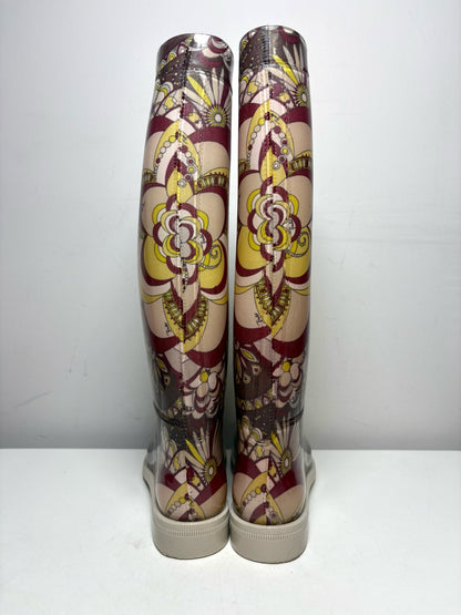 Women Shoe Size 40 (US 10) Emilio Pucci Yellow, Purple & Cream Rubber Vintage Pre-Owned Knee-High Boots