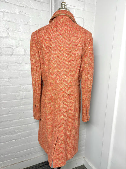 Women Size L Coach Rust Orange Dress Coat w/Leather Trim