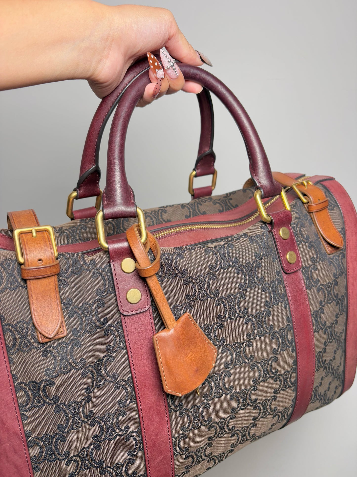 Celine Monogram Vintage Canvas, Leather Burgundy Vintage Tote