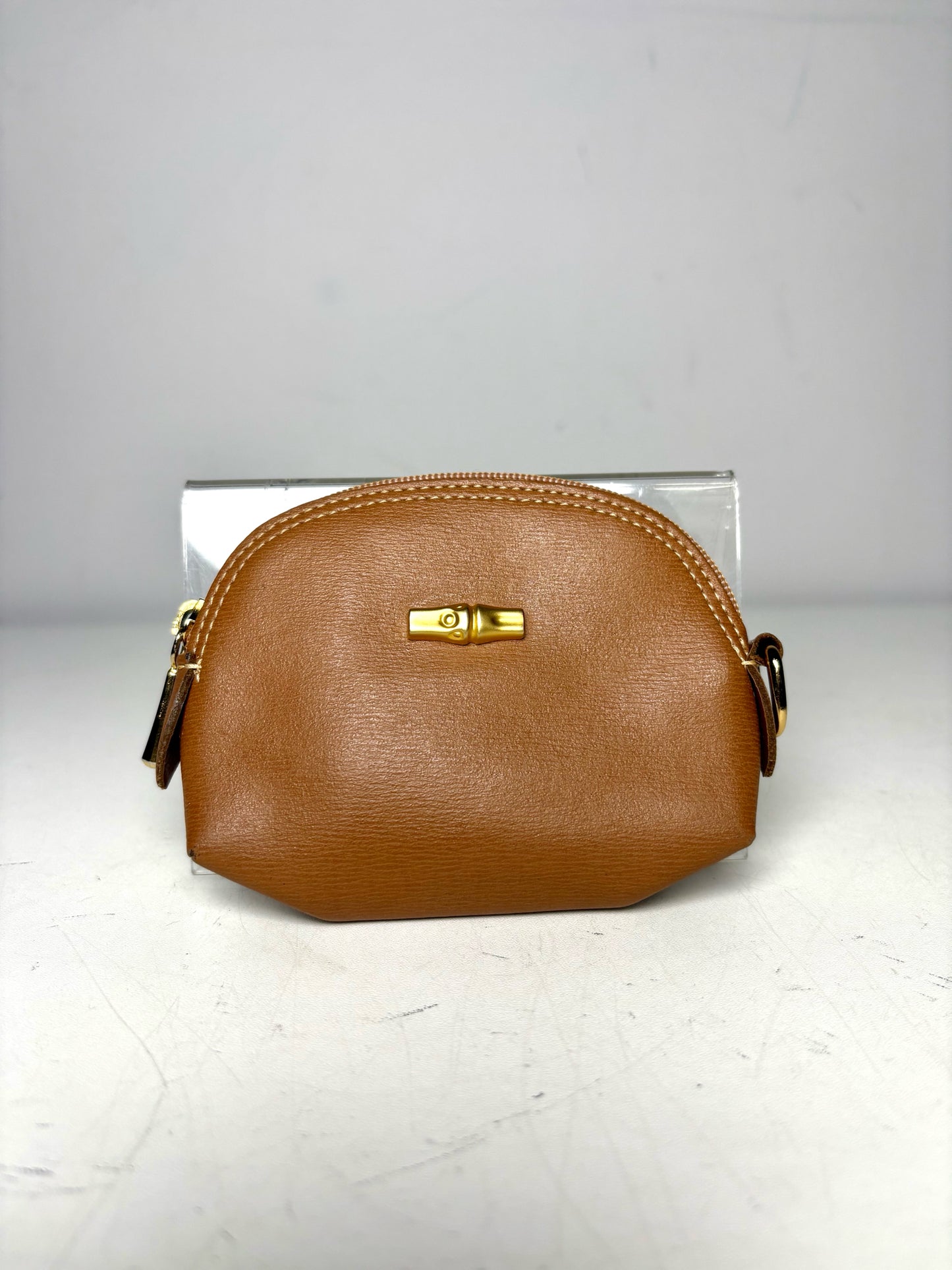 Longchamp Solid Leather Pre-owned Caramel Pouch Purse