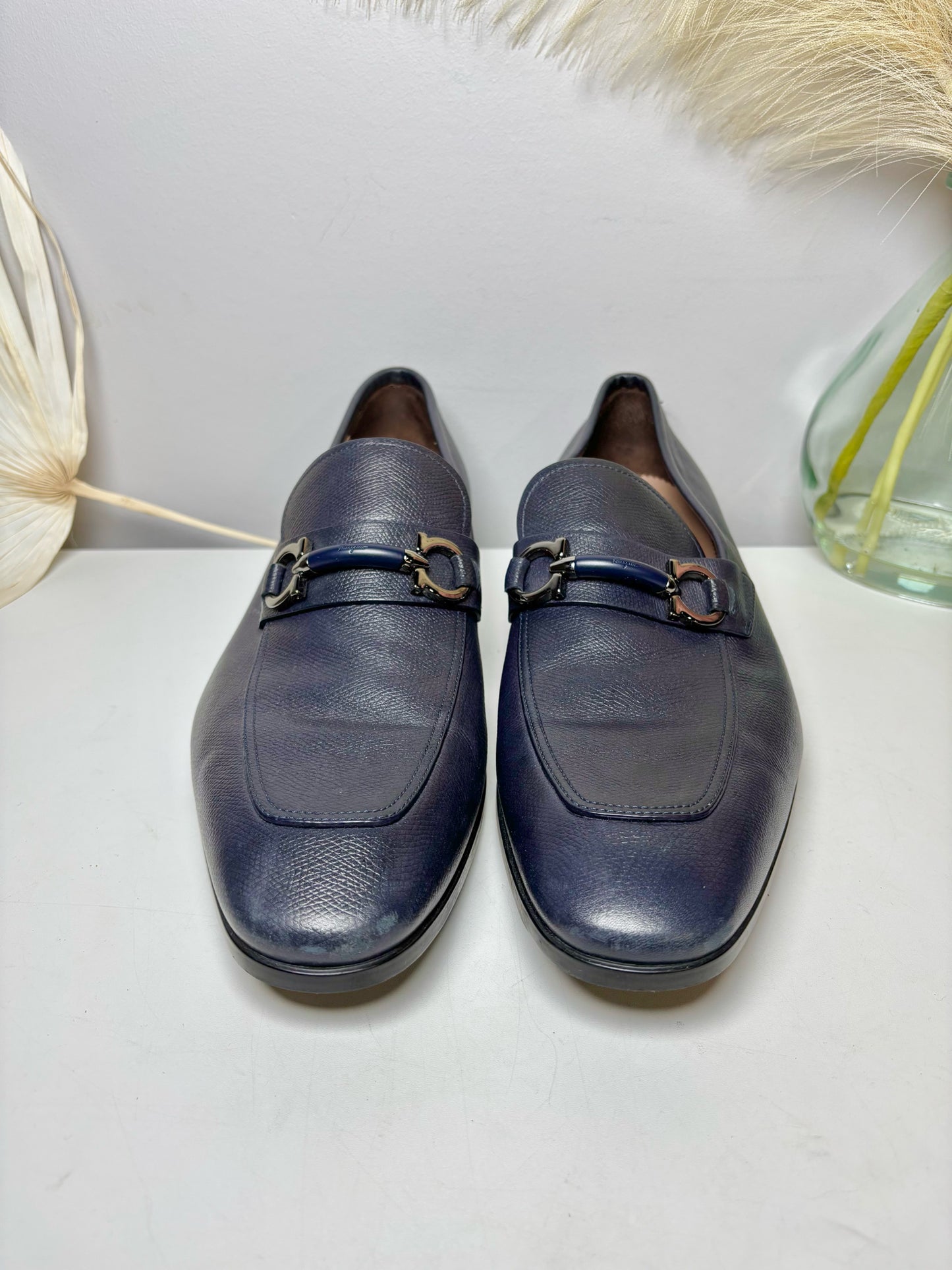 Salvatore Ferragamo Navy Leather Solid Size 10 Genuine Leather Men's Shoes