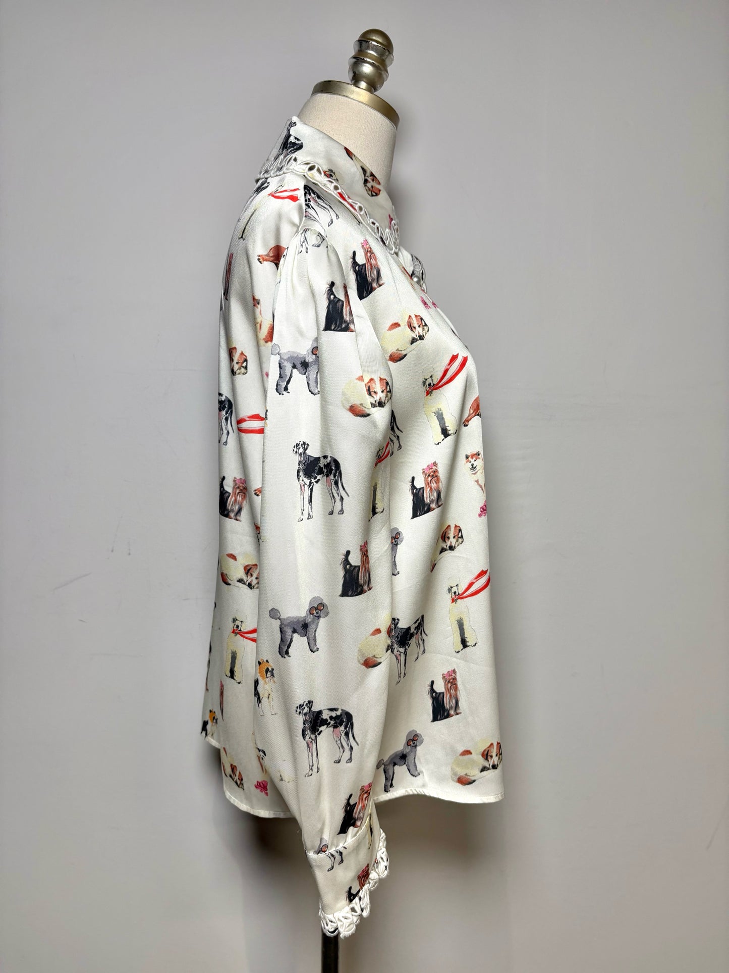 Women's Size 8 Manoush Cream Black & Orange Dog Print Pre-Owned Blouse