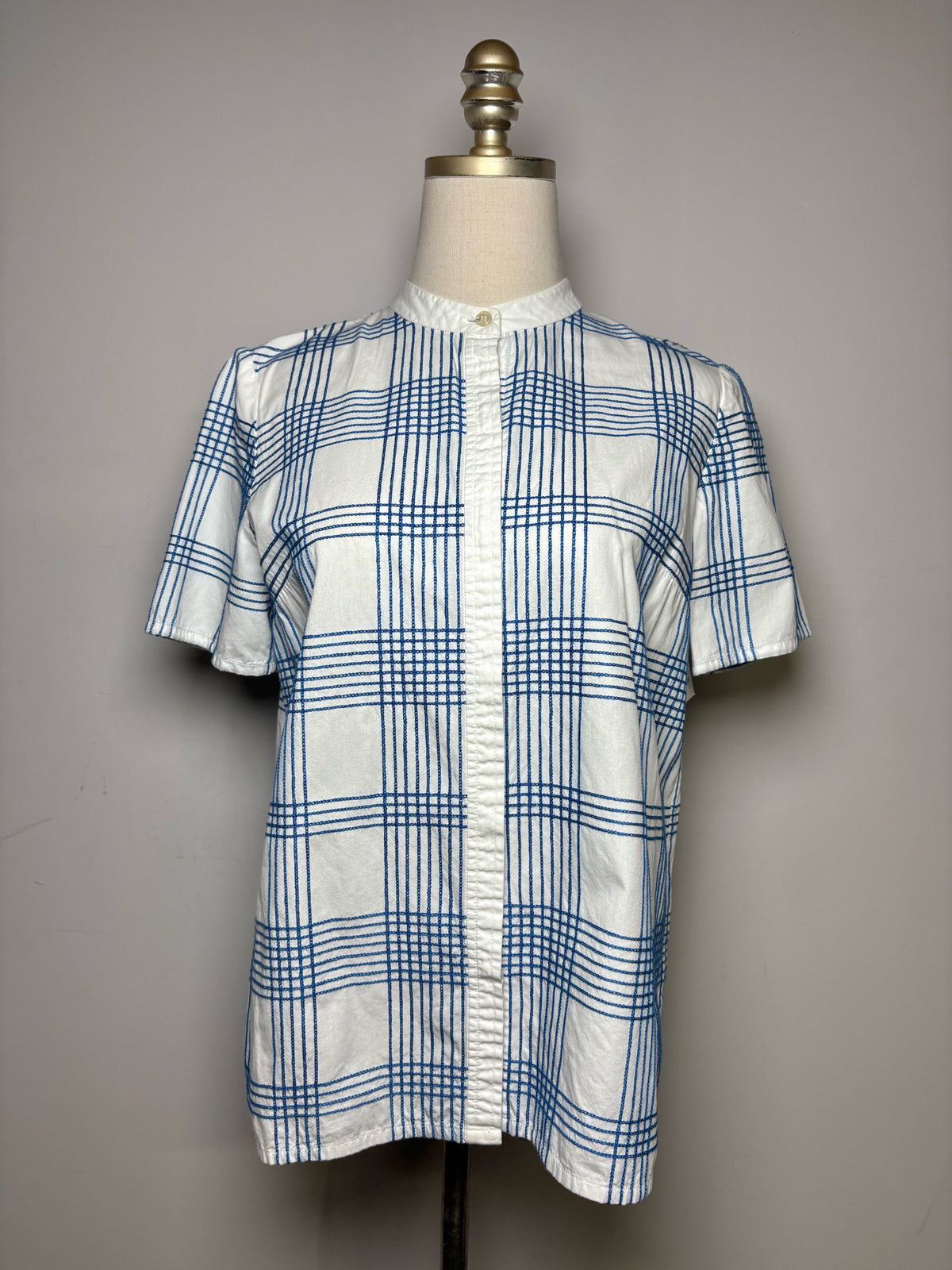 Women's Size 6 Tory Burch Blue & White Grid Print Cotton Pre-Owned Button-Up Top