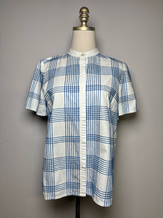 Women's Size 6 Tory Burch Blue & White Grid Print Cotton Pre-Owned Button-Up Top