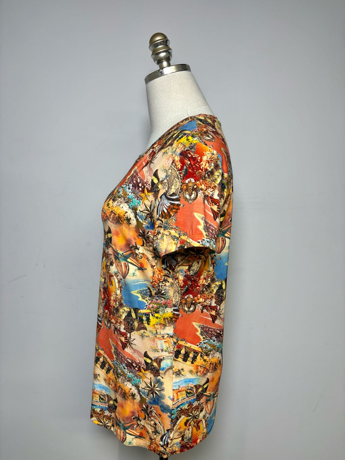 Women Size M L'AGENCE Ressi Orange, Yellow Multi-Print NWT Pre-Owned Short Sleeve Shirt