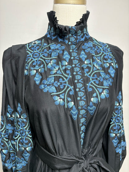 Women Size S Kobi Halperin Black Blue Embroidered Cotton Silk Pre-Owned Dress