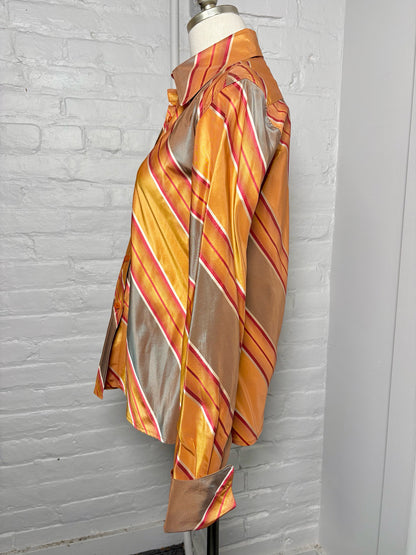 Women Size 10 Pamella Roland Orange, Brown, Red Striped Silk Shirt