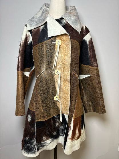Rare, Vintage Issey Miyake Vintage Brown, Black, Cream Marbled Felt Coat, Sz S Pre-owned