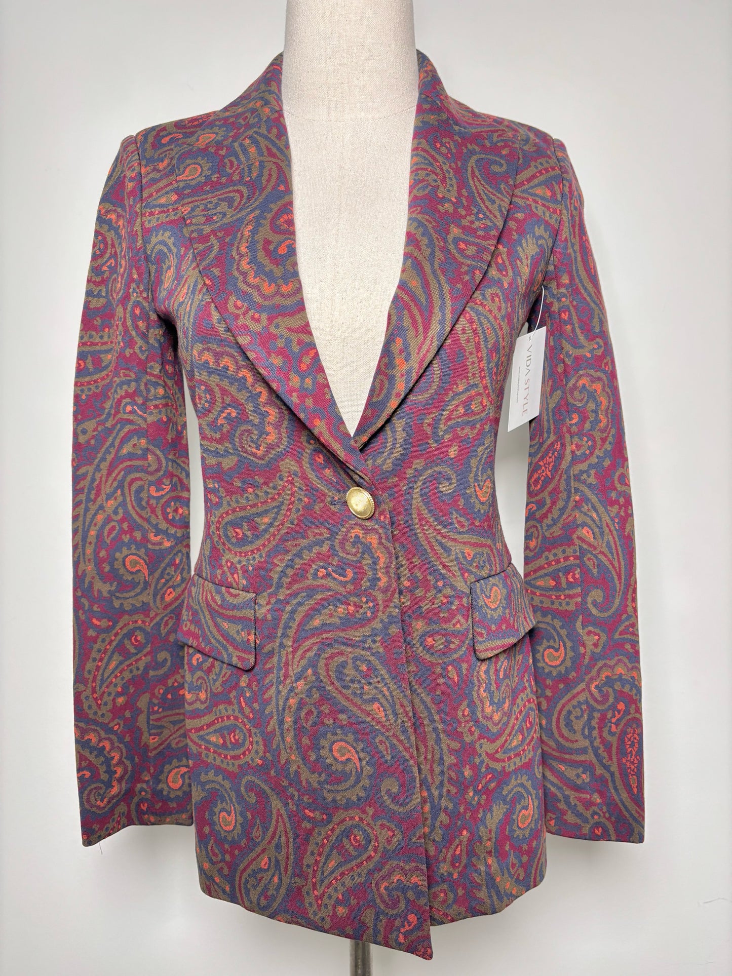 Women Size XS Rosetta Getty Burgundy, Olive, Navy & Orange Paisley Blazer