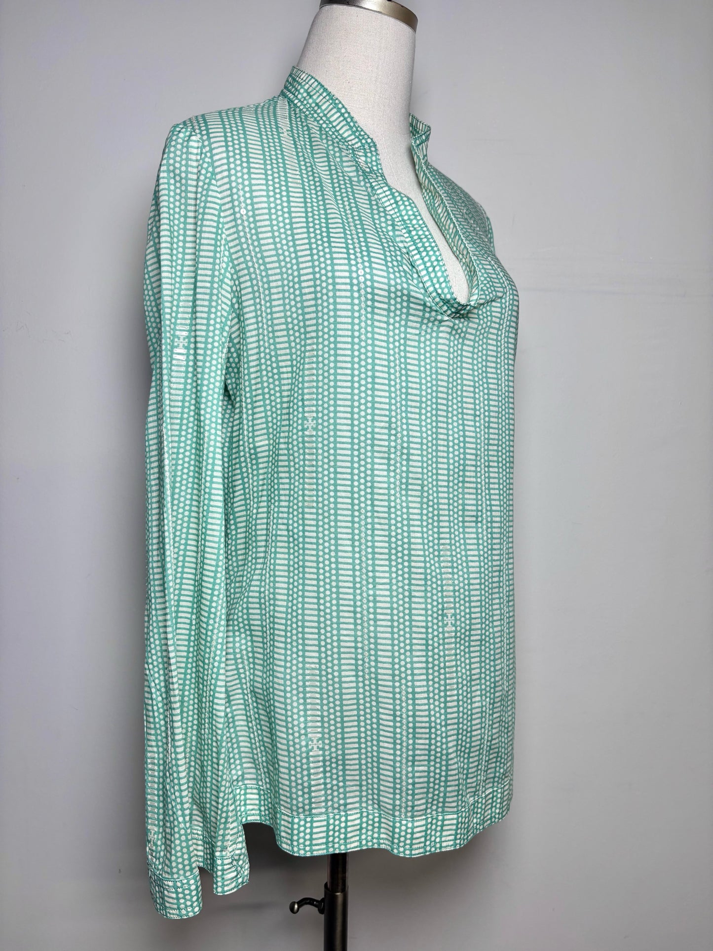 Women Size 10 Tory Burch Tunic Green, Cream Print Cotton Pre-owned Top