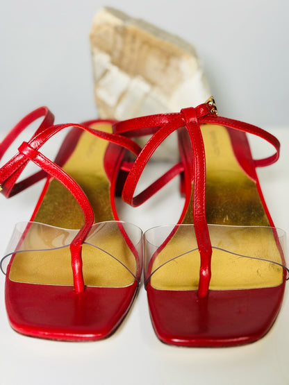 W Shoe Size 9 Tory Burch Red Leather, PVC Cowhide T-Heels Sandals