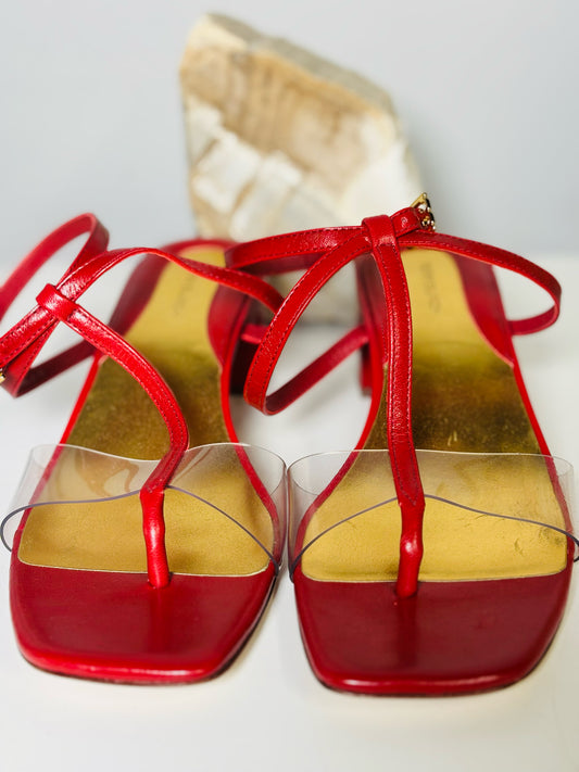 W Shoe Size 9 Tory Burch Red Leather, PVC Cowhide T-Heels Sandals