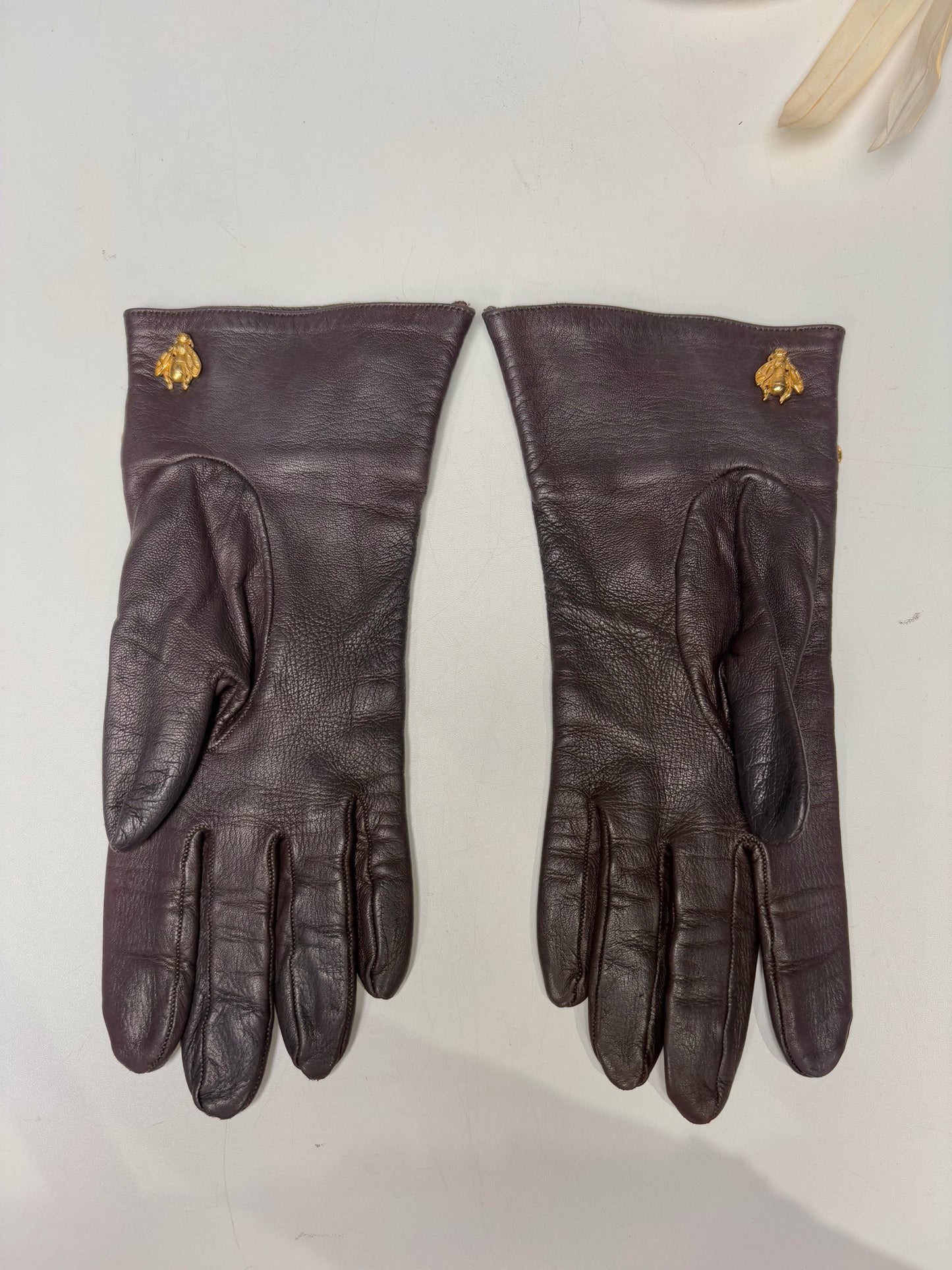 Christian Dior 8 Leather Gloves Gold Bee Embellishments