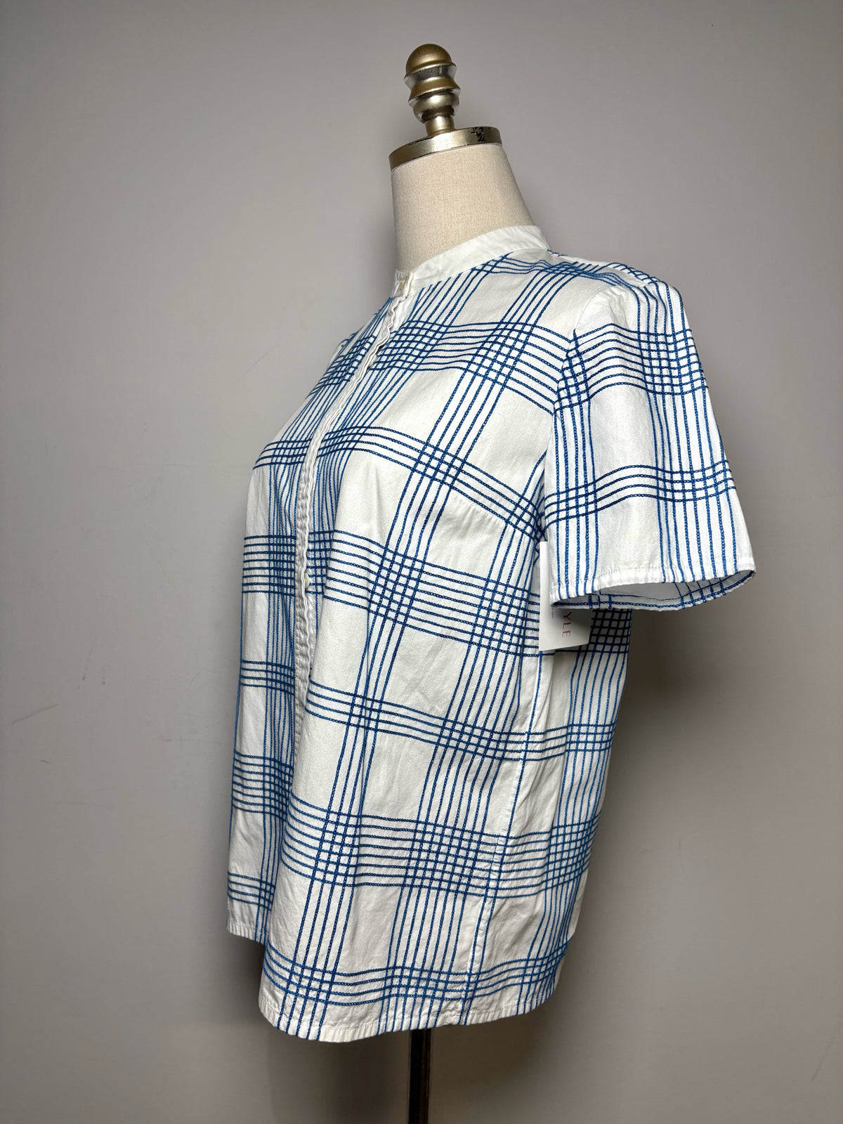 Women's Size 6 Tory Burch Blue & White Grid Print Cotton Pre-Owned Button-Up Top