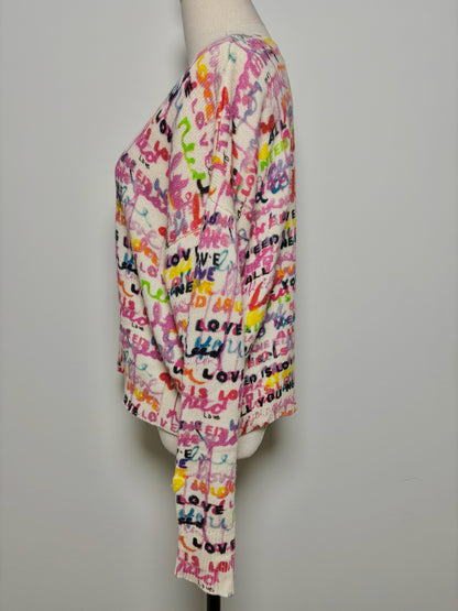 Women Size S Kerri Rosenthal Multi-Color Script Cashmere Sweater