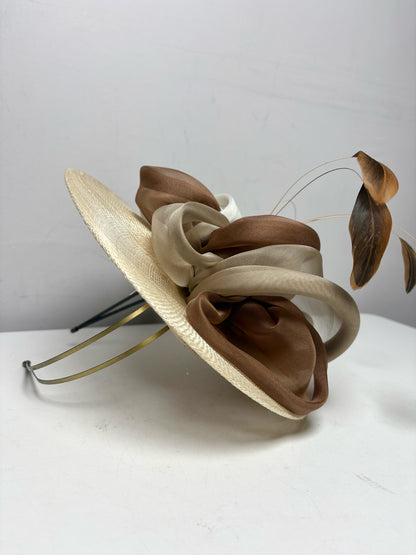 Christine A. Moore Tan Mesh & Rattan Pre-Owned Fascinator Headband Hat